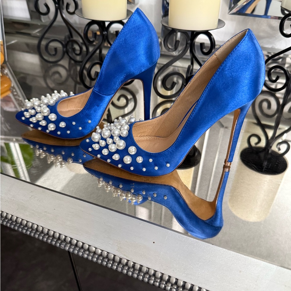 Olivia Zimmerman Royal Blue Silk Satin Pearl Embellished Stilleto High HHeels
